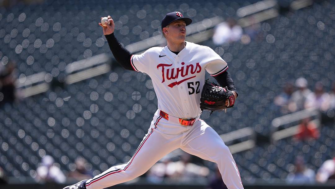 May 14, 2026; Minneapolis, Minnesota, USA; Minnesota Twins pitcher Zebby Matthews (52) pitches during the first inning against the Miami Marlins at Target Field. Mandatory Credit: Jordan Johnson-Imagn Images