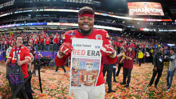 Feb 11, 2024; Paradise, Nevada, USA; Kansas City Chiefs offensive tackle Jawaan Taylor (74) poses for a photo after winning Super Bowl LVIII against the San Francisco 49ers at Allegiant Stadium. Mandatory Credit: Kirby Lee-USA TODAY Sports