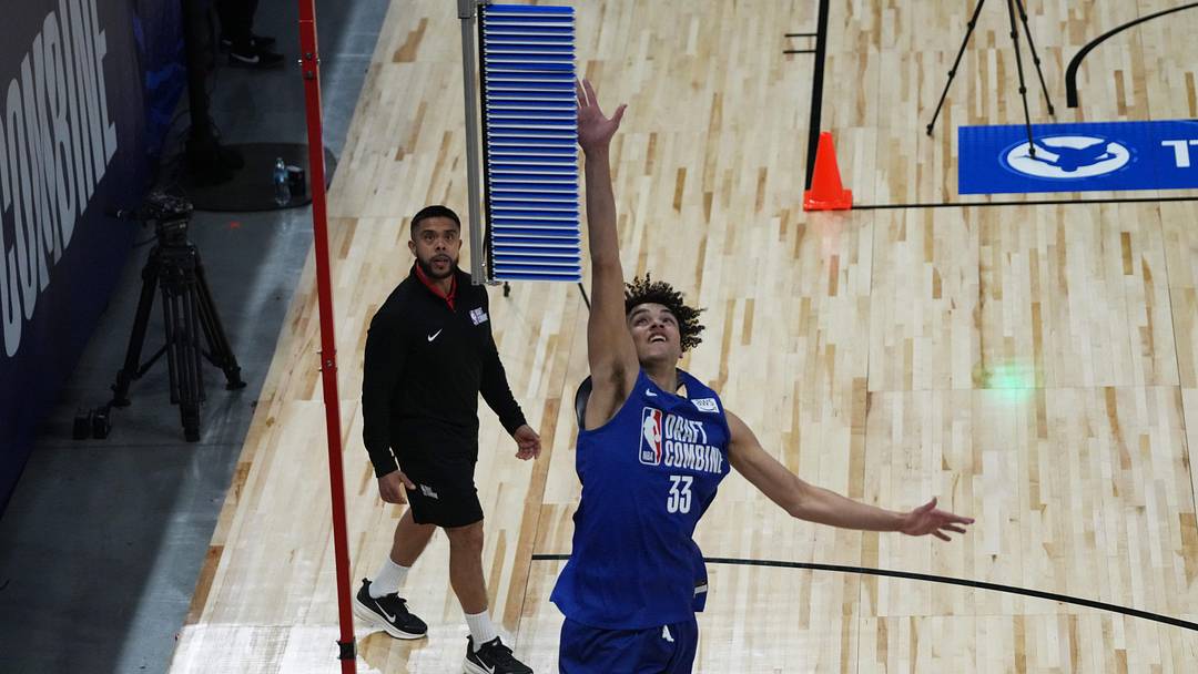 May 12, 2026; Chicago, IL, USA; Keaton Wagler participates in the 2026 NBA Draft Combine at Wintrust Arena. Mandatory Credit: David Banks-Imagn Images