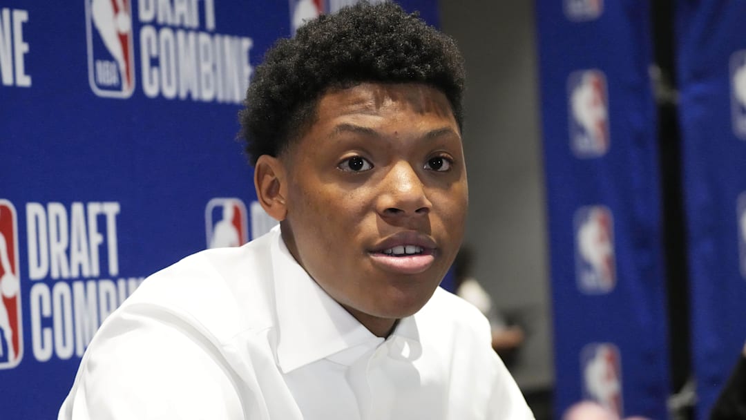 May 14, 2025; Chicago, Il, USA; Ace Bailey talks to the media during the 2025 NBA Draft Combine at Marriott Marquis Chicago. Mandatory Credit: David Banks-Imagn Images
