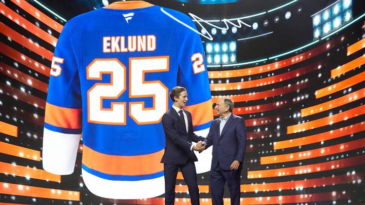 Jun 27, 2025; Los Angeles, California, USA; Victor Eklund is selected as the 16th overall pick to the New York Islanders in the first round of the 2025 NHL Draft at Peacock Theater. Mandatory Credit: Kirby Lee-Imagn Images