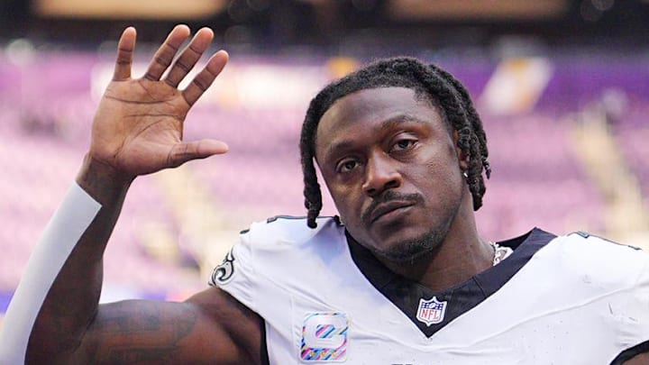 Oct 19, 2025; Minneapolis, Minnesota, USA; Philadelphia Eagles wide receiver A.J. Brown (11) waves to the fans after the game against the Minnesota Vikings at U.S. Bank Stadium. Mandatory Credit: Brad Rempel-Imagn Images