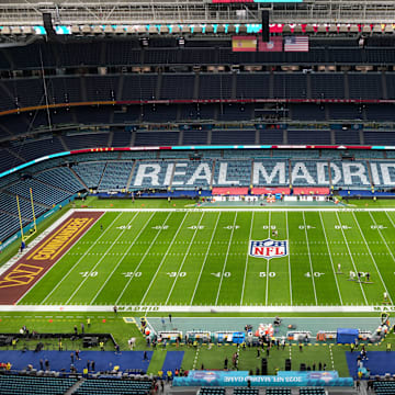 The interior of the stadium is see prior to the 2025 NFL Madrid Game between the Miami Dolphins and the Washington Commanders at Santiago Bernabeu Stadium.