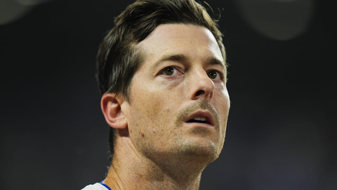 Sep 4, 2025; Kansas City, Missouri, USA; Former Kansas City Royals right fielder Mike Yastrzemski (18) reacts after the fifth inning against the Los Angeles Angels at Kauffman Stadium. Sep 4, 2025; Kansas City, Missouri, USA; Former Kansas City Royals right fielder Mike Yastrzemski (18) reacts after the fifth inning against the Los Angeles Angels at Kauffman Stadium.