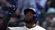 Seattle Mariners right fielder Victor Robles reacts after hitting a single against the Athletics on March 30 at T-Mobile Park.