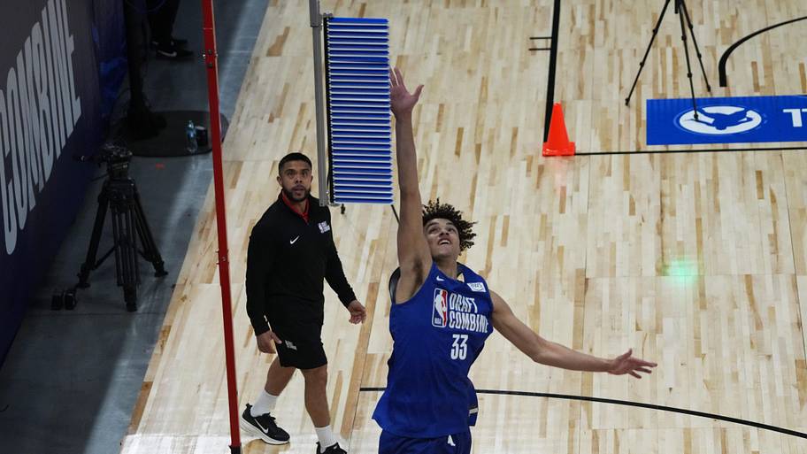 Keaton Wagler participates in the 2026 NBA Draft Combine at Wintrust Arena.