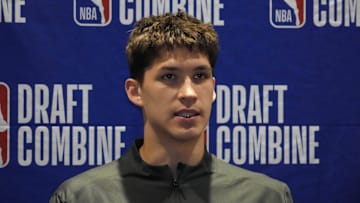 May 14, 2025; Chicago, Il, USA; Egor Demin talks to the media during the 2025 NBA Draft Combine at Marriott Marquis Chicago. Mandatory Credit: David Banks-Imagn Images