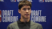 May 14, 2025; Chicago, Il, USA; Egor Demin talks to the media during the 2025 NBA Draft Combine at Marriott Marquis Chicago. Mandatory Credit: David Banks-Imagn Images