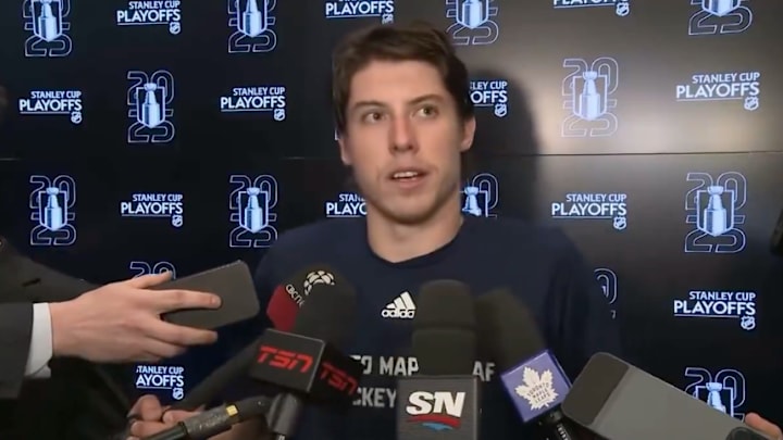 Mitch Marner speaks to reporters after the Toronto Maple Leafs' 6–1 defeat to the Florida Panthers in Game 5. Mitch Marner speaks to reporters after the Toronto Maple Leafs' 6–1 defeat to the Florida Panthers in Game 5.