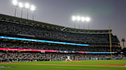 Oct 28, 2025; Los Angeles, California, USA; Los Angeles Dodgers two-way player Shohei Ohtani (17) pitches against the Toronto Blue Jays in the fourth inning during game four of the 2025 MLB World Series at Dodger Stadium. Mandatory Credit: Kirby Lee-Imagn Images