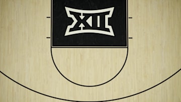 Nov 10, 2023; Cincinnati, Ohio, USA;  The Big 12 Conference logo is seen on the court during the game between the Detroit Mercy Titans and the Cincinnati Bearcats in the first half at Fifth Third Arena. Mandatory Credit: Aaron Doster-Imagn Images