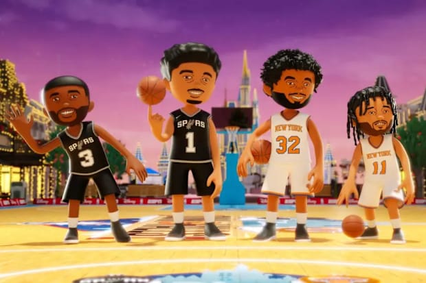 Animated versions of San Antonio Spurs guard Chris Paul (3), power forward Victor Wembanyama (1), New York Knicks cente