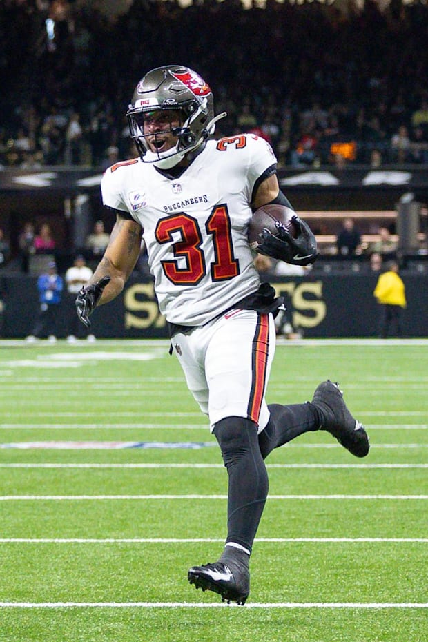 Tampa Bay Buccaneers safety Antoine Winfield Jr. return a fumble for a touchdown against New Orleans Saints. 
