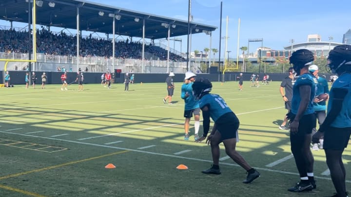 Jaguars wide receivers line up at training camp.