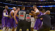 Lakers and Clippers players scuffle in NBA Cup action.