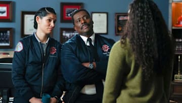 Stella Kidd (Miranda Rae Mayo), Wallace Boden (Eamonn Walker), and Kylie (Katelynn Shennett) appear in a scene from Chicago Fire, Season 11, Episode 20.