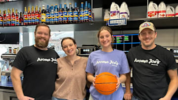Pictured left to right: Co-owners, Kyle Hersey, Megan Hersey, Community Ambassador Emma Boulanger and Steve Pracher from the Aroma Joe’s location in Augusta, Maine.