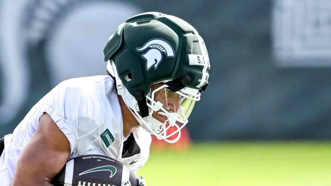 Michigan State receiver Samson Gash runs after a catch during football practice on Monday, Aug. 17, 2026, in East Lansing.