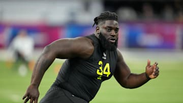 Feb 27, 2025; Indianapolis, IN, USA; Georgia defensive lineman Nazir Stackhouse (DL34) participates in drills during the 2025 NFL Combine at Lucas Oil Stadium. Mandatory Credit: Kirby Lee-Imagn Images