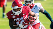 Arkansas wide receiver Treylon Burks breaks free in the Georgia Bulldog secondary.