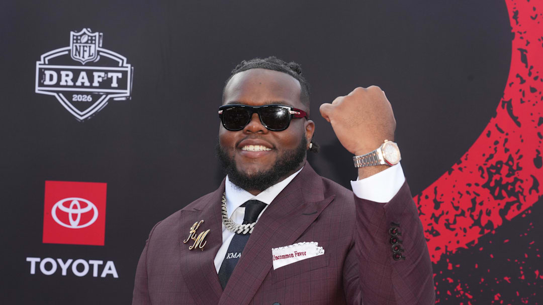 Apr 23, 2026; Pittsburgh, PA, USA; Ohio State Buckeyes defensive tackle Kayden McDonald poses on the red carpet before the 2026 NFL Draft at Point State Park. Mandatory Credit: Kirby Lee-Imagn Images