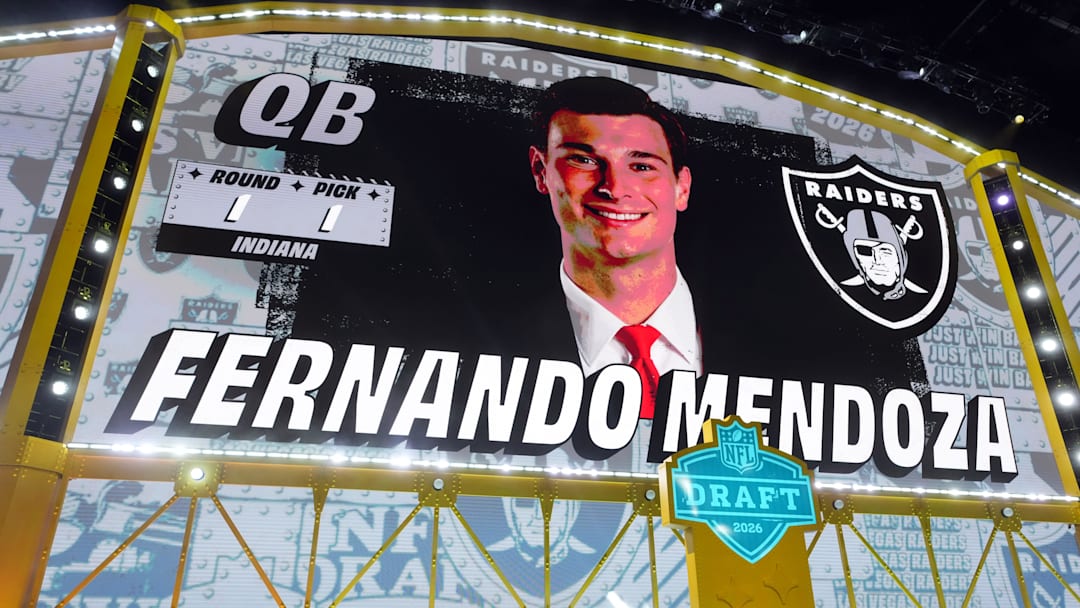 Apr 23, 2026; Pittsburgh, PA, USA; Indiana Hoosiers quarterback Fernando Mendoza is selected by the Las Vegas Raiders as the number one pick during the 2026 NFL Draft at Acrisure Stadium. Mandatory Credit: Kirby Lee-Imagn Images