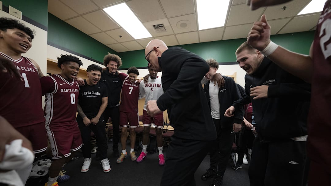 March 9, 2026; Las Vegas, NV, USA; Santa Clara Broncos head coach Herb Sendek celebrates in the locker room after defeating against the Saint Mary's Gaels after the game at Orleans Arena. Mandatory Credit: Kyle Terada-Imagn Images