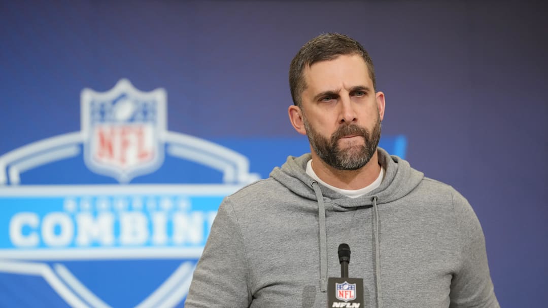 Feb 24, 2026; Indianapolis, IN, USA; Philadelphia Eagles coach Nick Sirianni speaks at the NFL Scouting Combine at the Indiana Convention Center. Mandatory Credit: Kirby Lee-Imagn Images