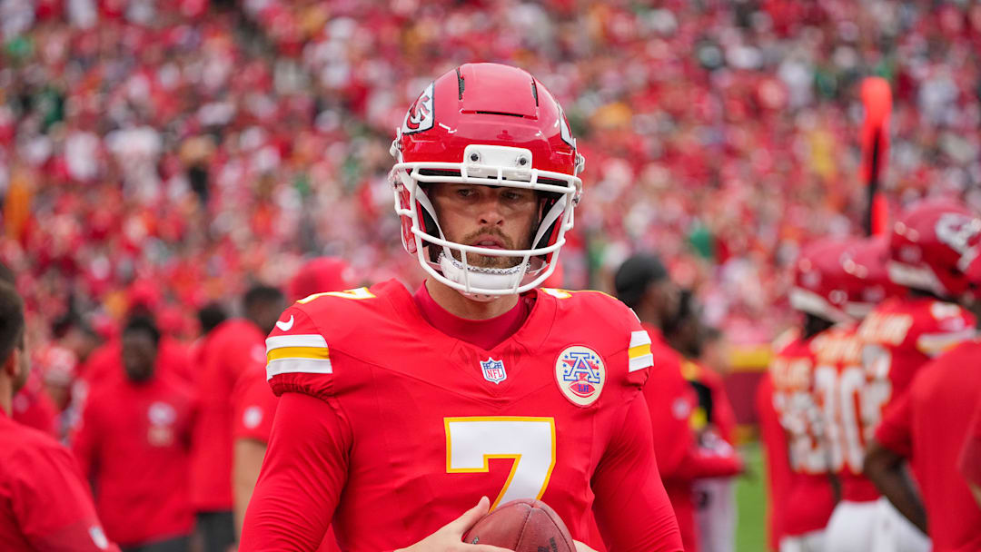 Sep 14, 2025; Kansas City, Missouri, USA; Kansas City Chiefs place kicker Harrison Butker (7) on the sidelines against the Philadelphia Eagles during the game at GEHA Field at Arrowhead Stadium. Mandatory Credit: Denny Medley-Imagn Images
