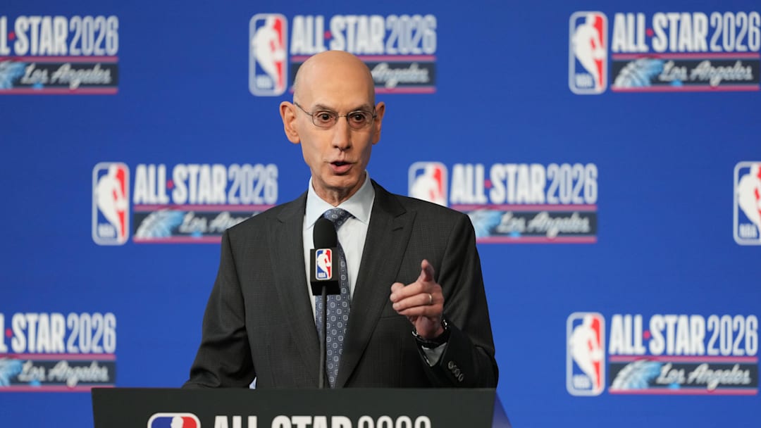 Feb 14, 2026; Los Angeles, CA, USA; NBA commissioner Adam Silver speaks to the media during a press conference before 2026 NBA All Star Saturday Night at Intuit Dome. Mandatory Credit: Kirby Lee-Imagn Images