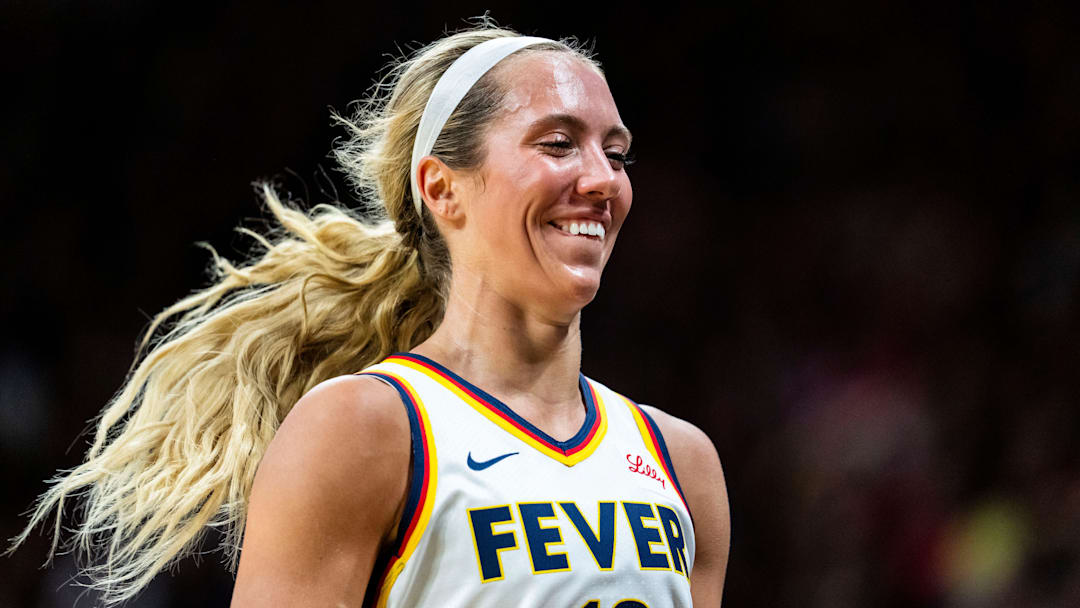 Indiana Fever Lexie Hull (10) smiles Sunday, May 4, 2025, during a preseason game between the Indiana Fever and the Brazil national team at Carver-Hawkeye Arena in Iowa City. The Indiana Fever defeated the Brazilian National Team, 108-44.