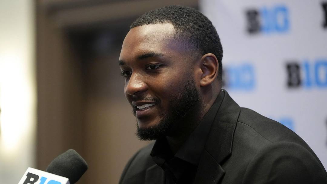 Jul 24, 2025; Las Vegas, NV, USA; Michigan defensive end Derrick Moore speaks to the media during the Big Ten NCAA college football media days at Mandalay Bay Resort. Mandatory Credit: Lucas Peltier-Imagn Images