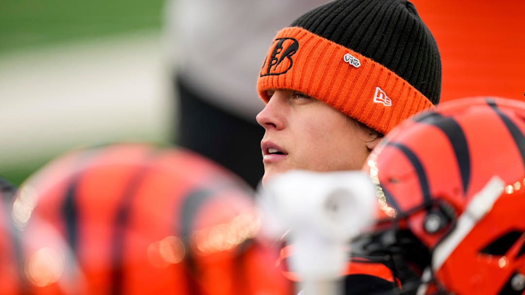 Cincinnati Bengals quarterback Joe Burrow (9) looks on from the sideline in the fourth quarter of the NFL Week 18 game between the Cincinnati Bengals and the Cleveland Browns at Paycor Stadium in Downtown Cincinnati on Sunday, Jan. 4, 2026. The Browns kicked a last second field goal to win 20-18.