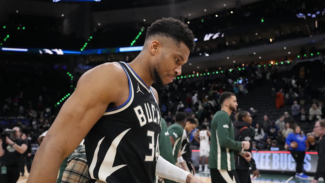 Milwaukee Bucks forward Giannis Antetokounmpo (34) following the game against the Denver Nuggets at Fiserv Forum on Jan 23, 2026.
