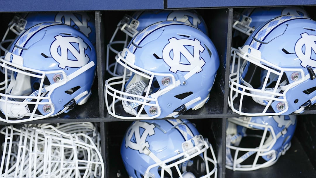 Sep 2, 2023; Charlotte, North Carolina, USA; North Carolina Tar Heels helmets during the first quarter against the South Carolina Gamecocks at Bank of America Stadium. Sep 2, 2023; Charlotte, North Carolina, USA; North Carolina Tar Heels helmets during the first quarter against the South Carolina Gamecocks at Bank of America Stadium.
