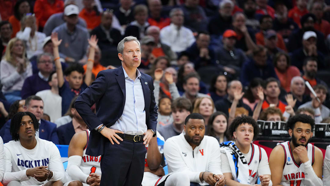 Mar 20, 2026; Philadelphia, PA, USA; Virginia Cavaliers head coach Ryan Odom looks on during the second half against the Wright State Raiders during a first round game of the men's 2026 NCAA Tournament at Xfinity Mobile Arena. Mandatory Credit: Kyle Ross-Imagn Images