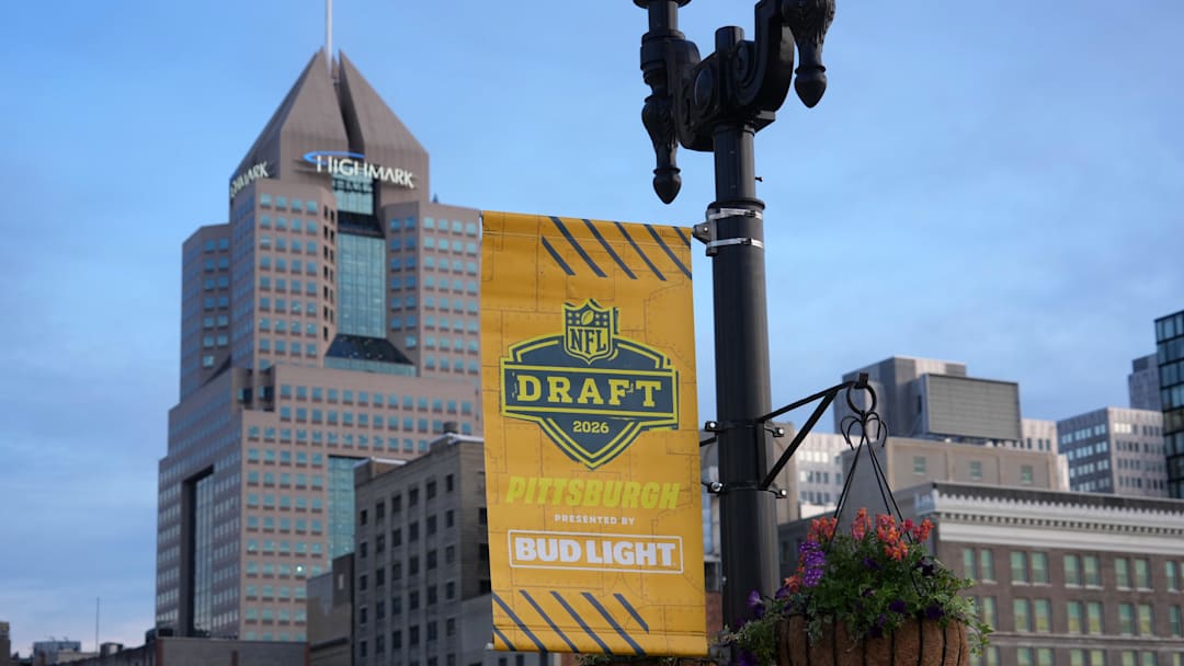 Apr 21, 2026; Pittsburgh, PA, USA; Street banners promoting the 2026 NFL Draft in downtown.