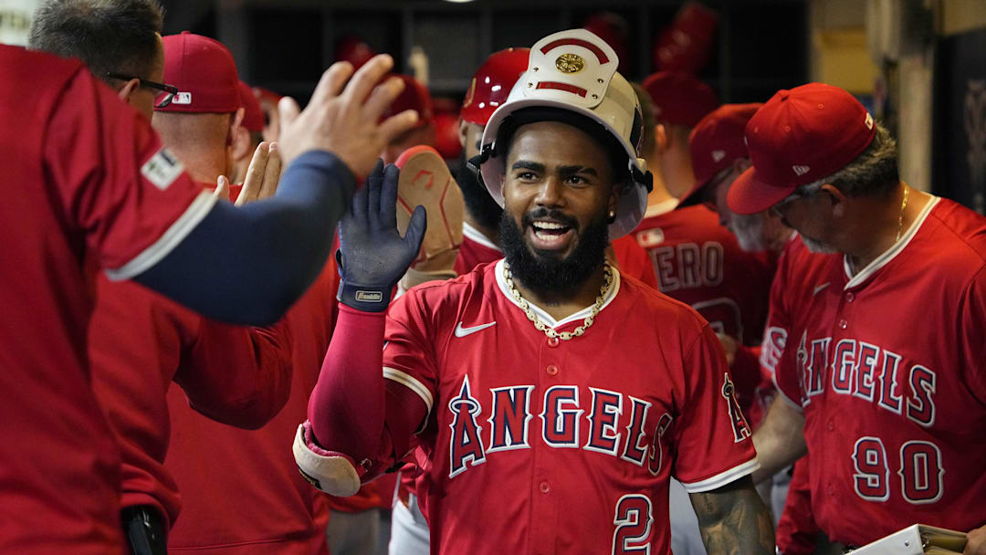 Sep 18, 2025; Milwaukee, Wisconsin, USA; Los Angeles Angels third base Luis Rengifo (2) rounds the bases after hitting a home run against the Milwaukee Brewers in the fifth inning at American Family Field. Mandatory Credit: Michael McLoone-Imagn Images