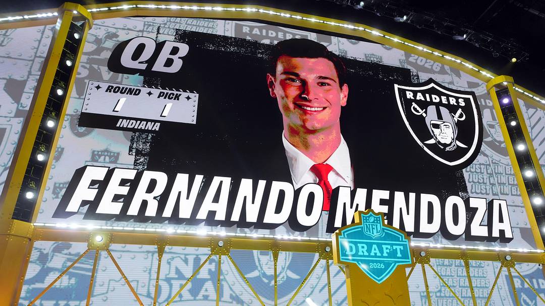 Apr 23, 2026; Pittsburgh, PA, USA; Indiana Hoosiers quarterback Fernando Mendoza is selected by the Las Vegas Raiders as the number one pick during the 2026 NFL Draft at Acrisure Stadium. 