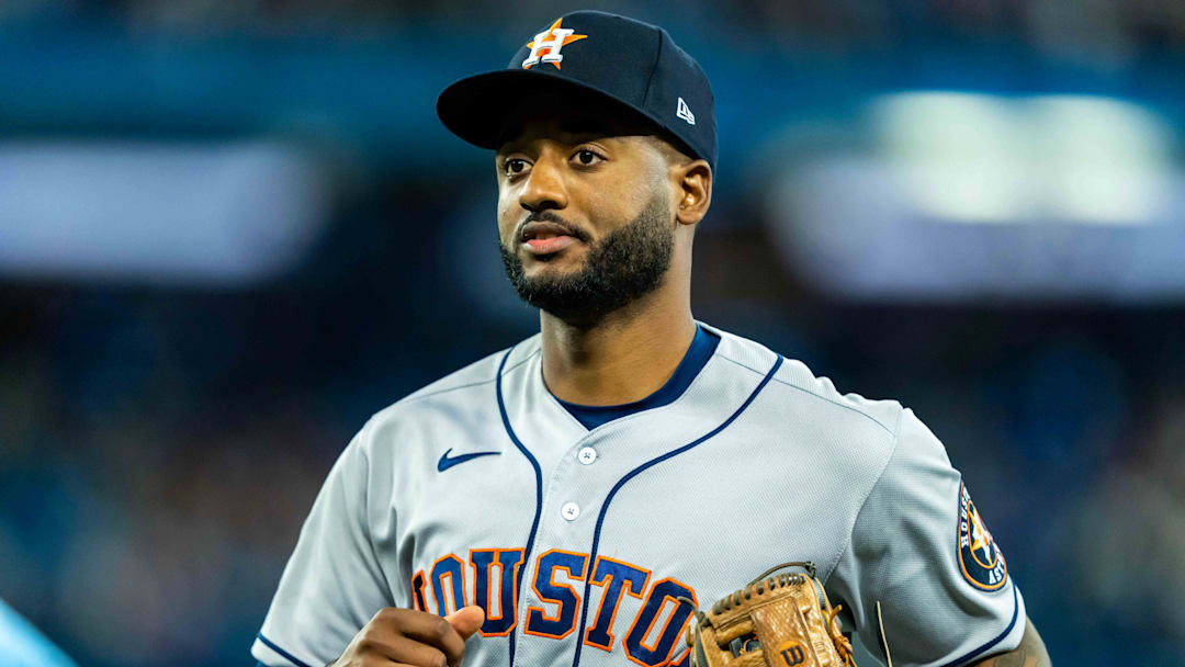 Apr 30, 2022; Toronto, Ontario, CAN; Houston Astros third baseman Niko Goodrum (11) looks on against the Toronto Blue Jays at Rogers Centre.
