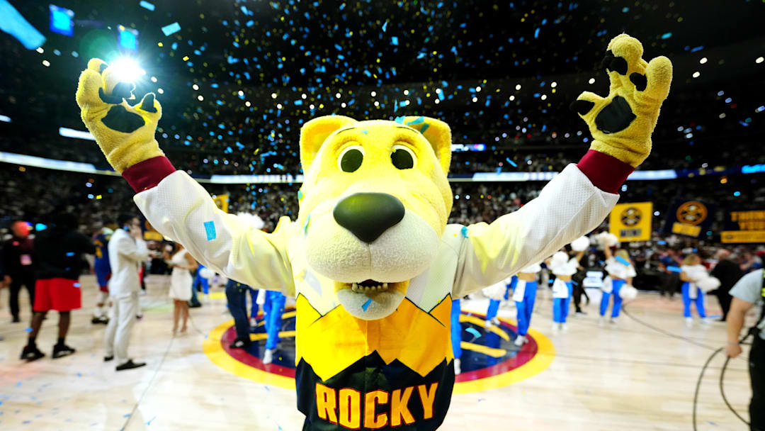 May 3, 2025; Denver, Colorado, USA; Denver Nuggets mascot Rocky celebrates the win over the LA Clippers following game seven of first round for the 2025 NBA Playoffs at Ball Arena. Mandatory Credit: Ron Chenoy-Imagn Images