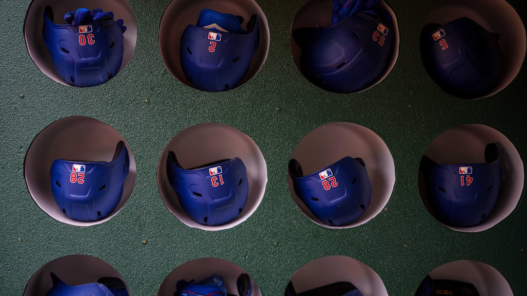 May 26, 2022; Oakland, California, USA; Batting helmets before a game between Texas Rangers and Oakland Athletics at RingCentral Coliseum. Mandatory Credit: Neville E. Guard-Imagn Images May 26, 2022; Oakland, California, USA; Batting helmets before a game between Texas Rangers and Oakland Athletics at RingCentral Coliseum. Mandatory Credit: Neville E. Guard-Imagn Images