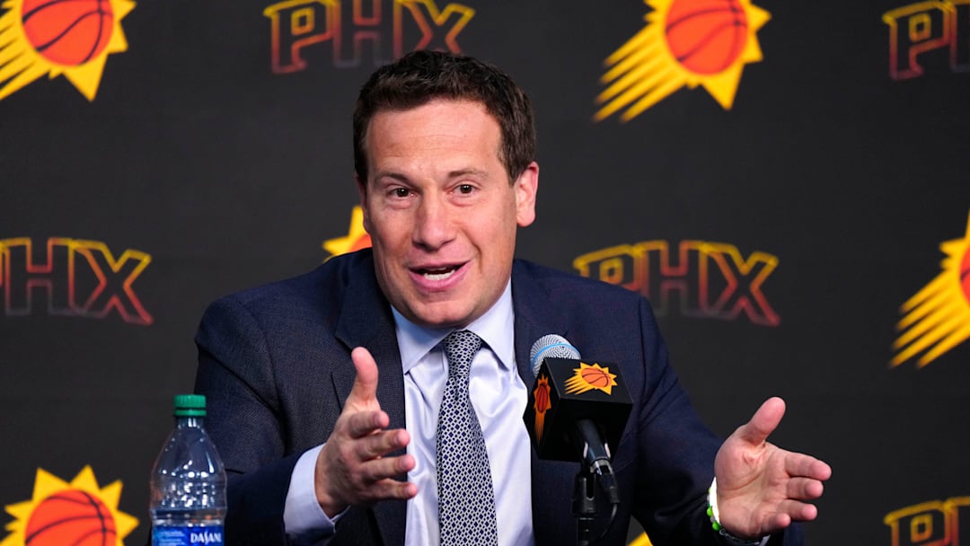 Suns owner Mat Ishbia speaks with the press during a news conference at Footprint Center in Phoenix on May 1, 2024. Suns owner Mat Ishbia speaks with the press during a news conference at Footprint Center in Phoenix on May 1, 2024.