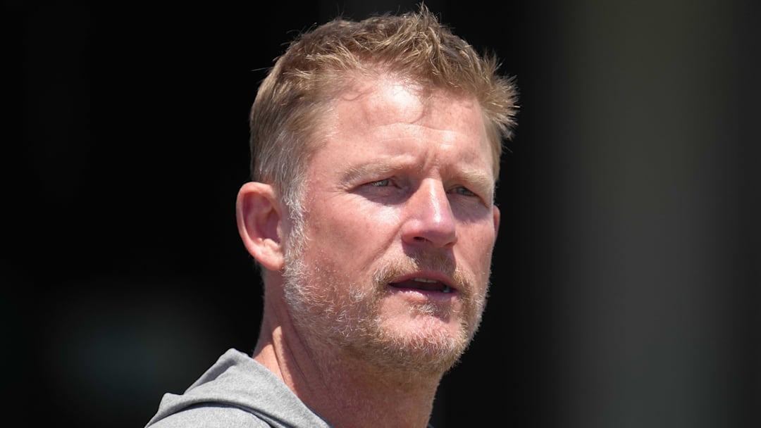 May 23, 2022; Thousand Oaks, CA, USA; Los Angeles Rams general manager Les Snead during organized team activities at California Lutheran University. Mandatory Credit: Kirby Lee-Imagn Images