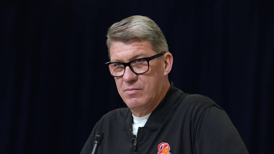 Feb 24, 2026; Indianapolis, IN, USA; Tampa Bay Buccaneers general manager Jason Licht speaks at the NFL Scouting Combine at the Indiana Convention Center. Mandatory Credit: Kirby Lee-Imagn Images