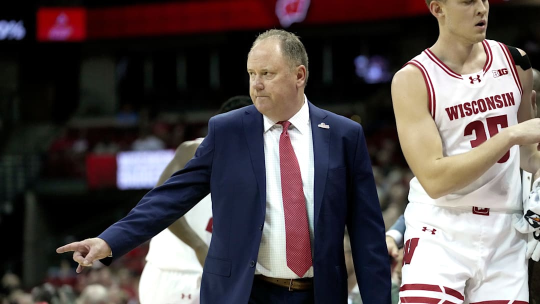 Wisconsin coach Greg Gard is shown during the first half of their preseason game against Wis.-River Falls Wednesday, Oct. 30, 2024, at the Kohl Center in Madison, Wis.