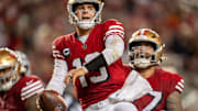 Oct 27, 2024; Santa Clara, California, USA; San Francisco 49ers quarterback Brock Purdy (13) spikes the football after scoring the touchdown against the Dallas Cowboys during the third quarter at Levi's Stadium. Mandatory Credit: Neville E. Guard-Imagn Images