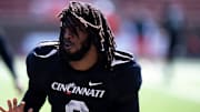 Cincinnati Bearcats defensive back Matthew McDoom (0) runs a drill during the Cincinnati Bearcats football spring practice at Nippert Stadium on Saturday, April 12, 2025.