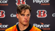 Cincinnati Bengals quarterback Joe Burrow (9) looks on during a press conference after at the IEL Indoor Facility in Cincinnati on Tuesday, June 11, 2024.