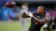 Mar 1, 2025; Indianapolis, IN, USA; Texas Tech running back Tahj Brooks (RB04) during the 2025 NFL Combine at Lucas Oil Stadium. Mandatory Credit: Kirby Lee-Imagn Images